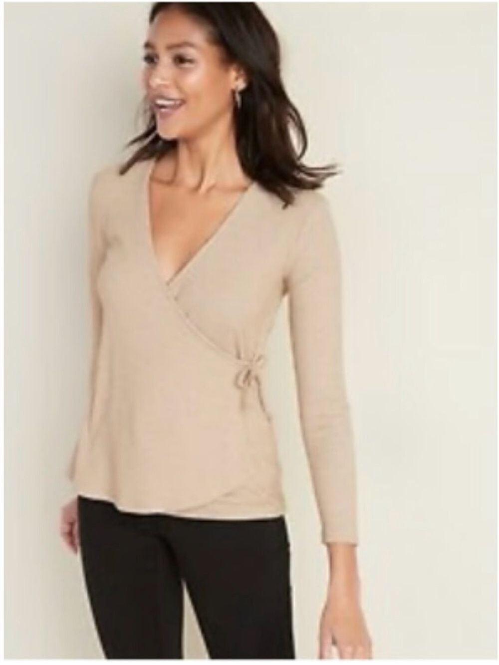 Old Navy Wrap Tie Front Rib Knit Long Sleeve Top Women L Beige